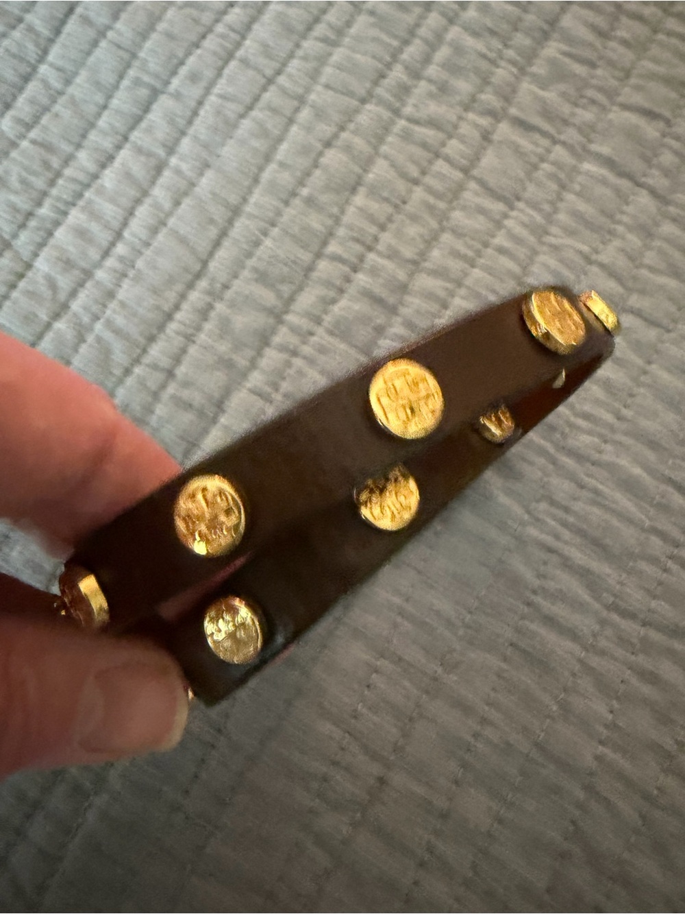 Tory Burch Brown Leather Double Wrap Bracelet with Gold Studs - Picture 2 of 7